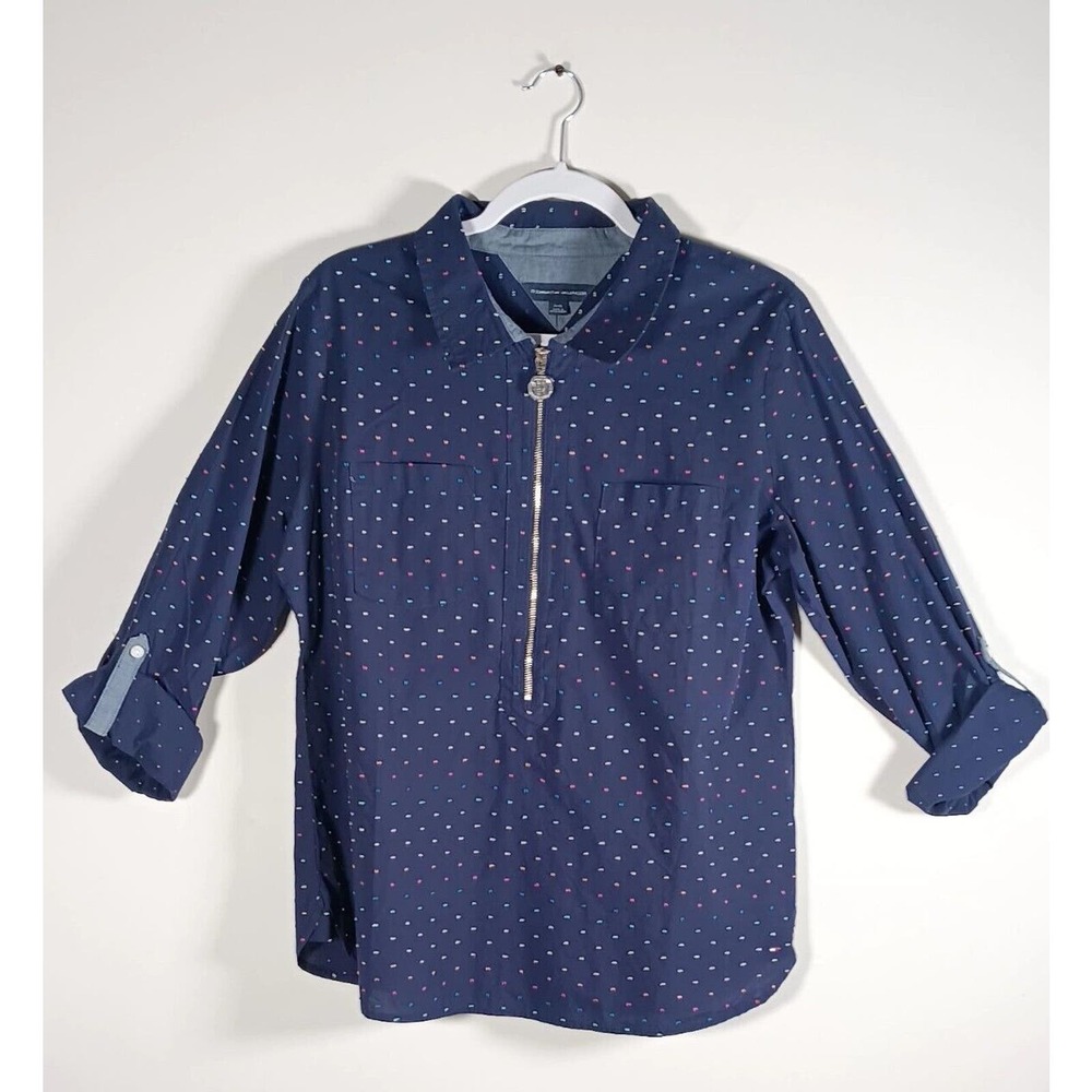 Tommy Hilfiger Top Navy Women's Roll Tab Popover Swiss Dot Zip Up Blouse Large